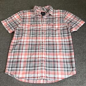 prAna Shirt Men Large Orange Gray Plaid Dual Chest Pocket Short Sleeve Button Up